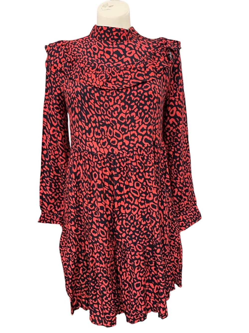 ESQ Red and Black Animal Print Long Sleeve Tiered Dress Size S